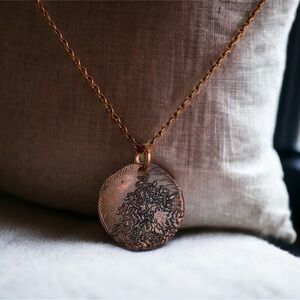 One of a kind artisan made copper etched pendant